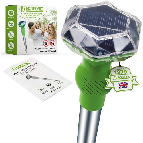 ISOTRONIC Repelent Solar cu Ultrasunete pentru Pisici, Câini și Alte Animale – 5-8 m, 25 kHz, Acoperire 40 m²