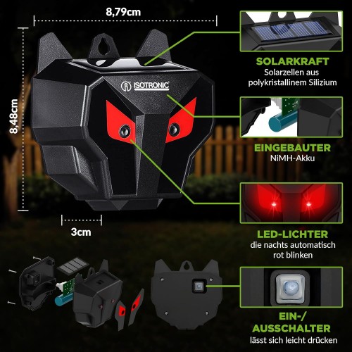 ISOTRONIC Solar Animal Repellent – aparat cu LED roșu pentru alungarea animalelor sălbatice (vulpi, mistreți, ratoni)